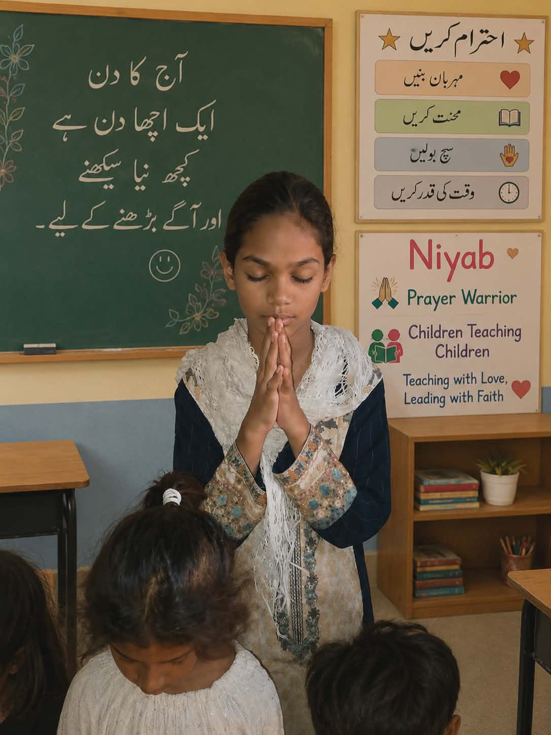 A student leading her classmates in prayer in a Children Teaching Children classroom in Pakistan